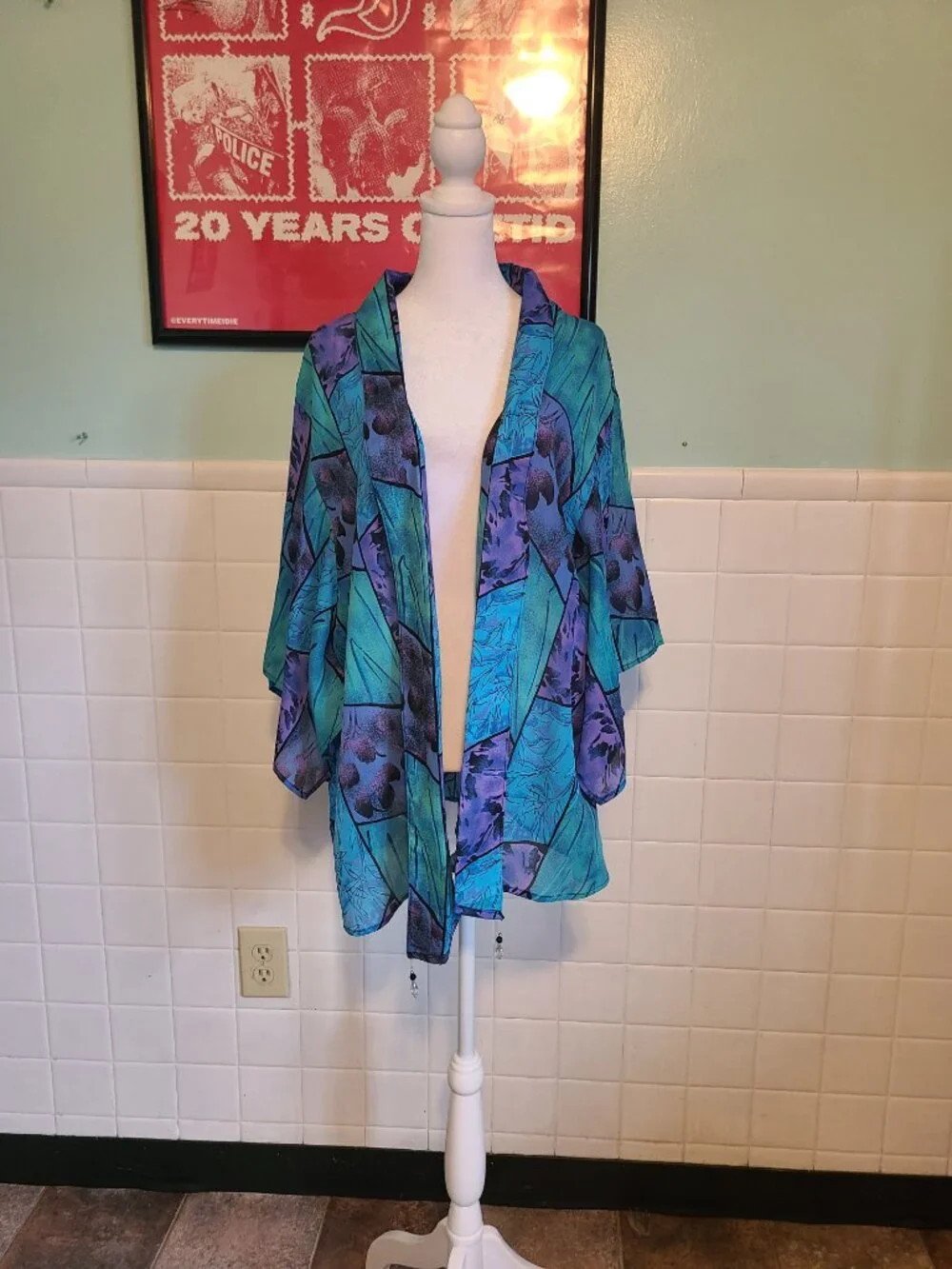Vintage 90s Purple Teal Sheet Kimono Shawl Wrap Cover Up Whimsical Fairycore